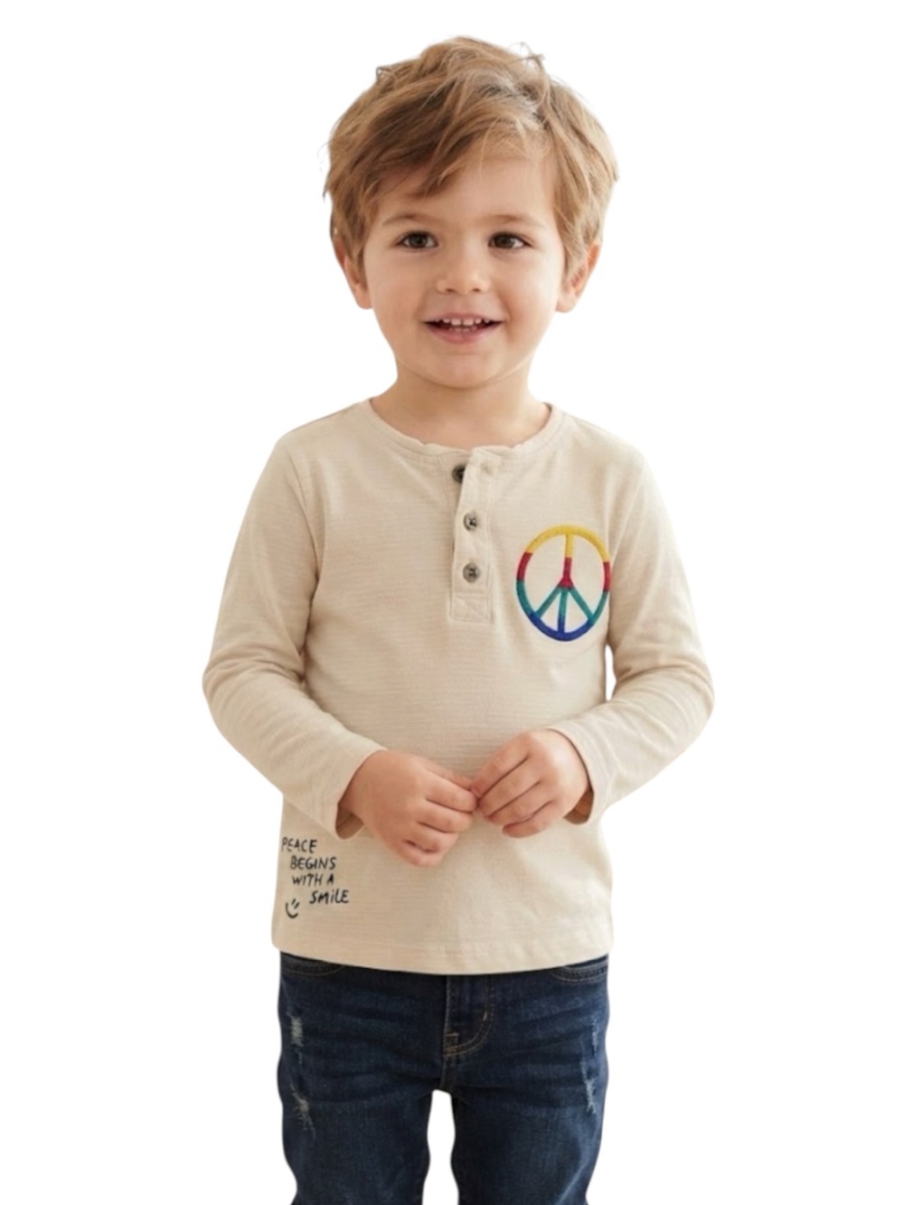 GYMBOREE Beige Striped Peace Henley Shirt Graphic Long Sleeve Tee Toddler 3T